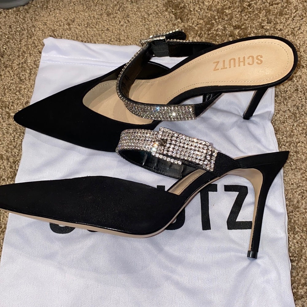 Schutz black heels with rhinestone strap